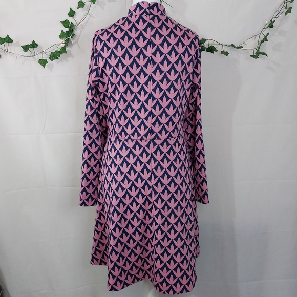 BODEN High Neck Fit&Flare Dress Pink Navy Floral Geo Size 14R Winter Autumn Chic - Picture 3 of 11